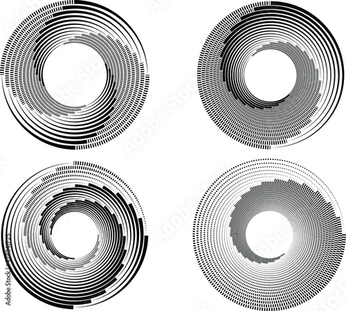 Set of abstract black halftone dots.Black halftone dots in vortex form. Geometric art. Trendy design element.Circular and radial lines volute, helix.Segmented circle with rotation