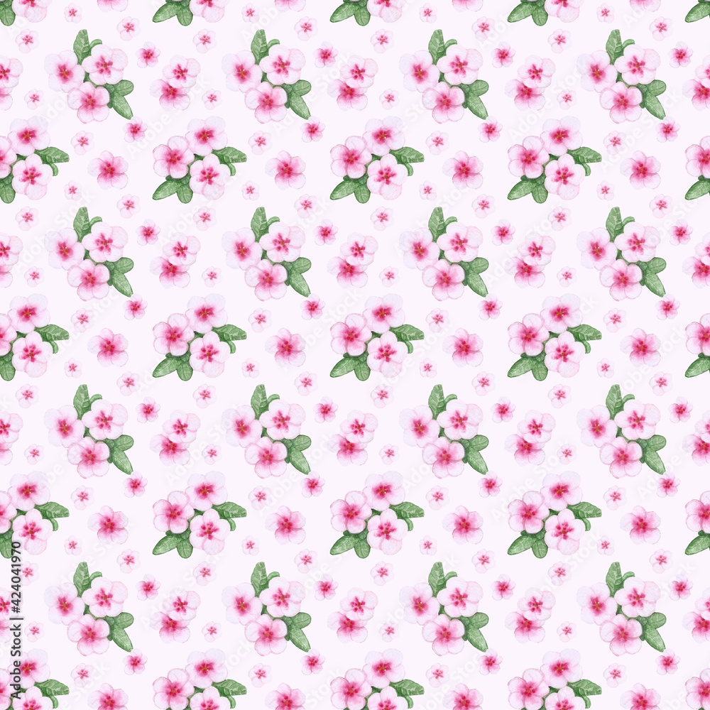 Pink seamless pattern with cataranthus on tender pink color background. Watercolor texture for cover, notebook, fabric, wrapping paper, scrapbooking, package. Beautiful print for summer clothes Pink seamless pattern with cataranthus on tender pink color background. Watercolor texture for cover, notebook, fabric, wrapping paper, scrapbooking, package. Beautiful print for summer clothes