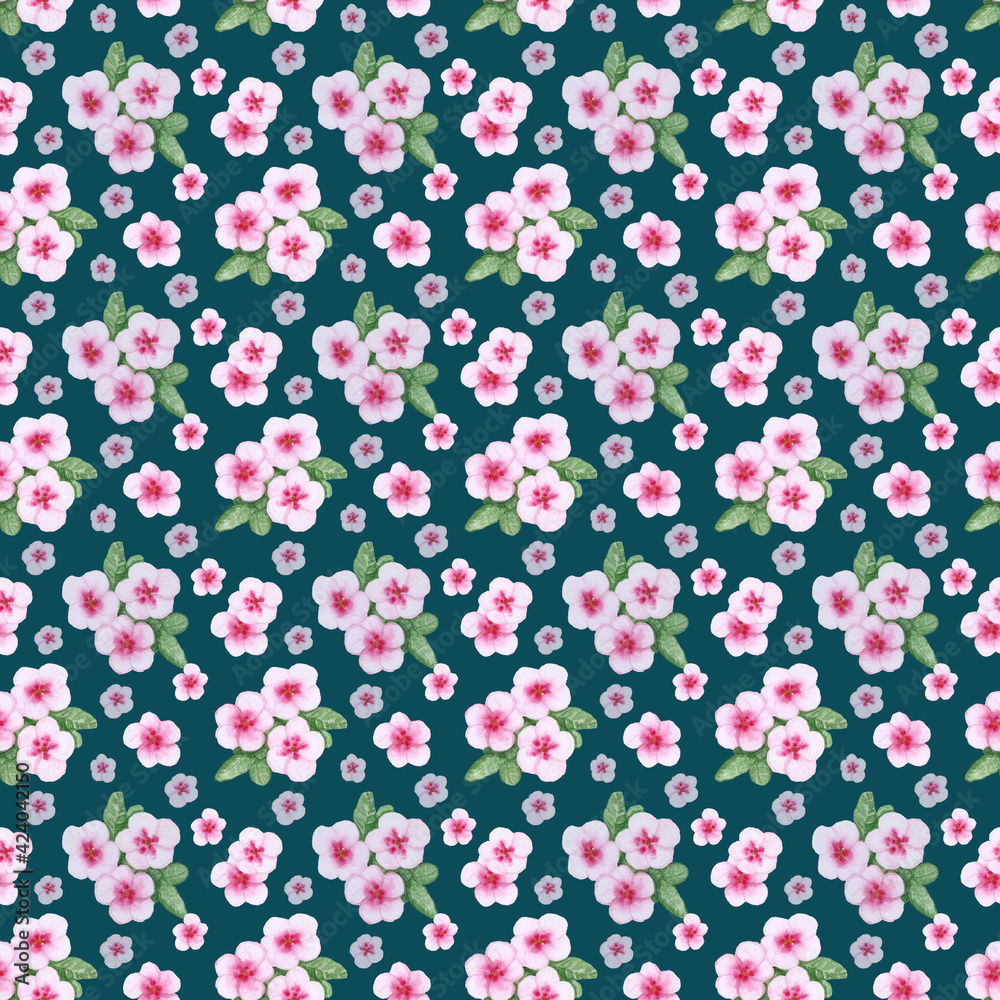  Teal watercolor seamless pattern with pink flowers on blue color background. Hand drawing texture for cover, fabric, wrapping paper, notebook, package, wallpaper, scrapbooking.