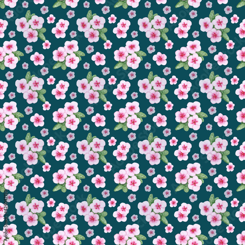  Teal watercolor seamless pattern with pink flowers on blue color background. Hand drawing texture for cover  fabric  wrapping paper  notebook  package  wallpaper  scrapbooking.