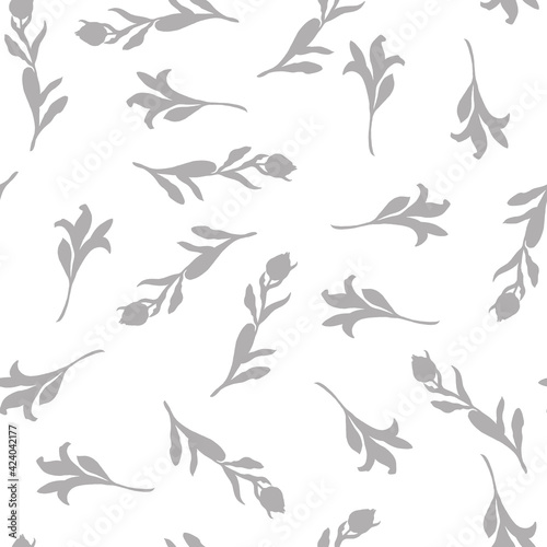 Leaves for children. Gray and white. Vector. Children's texture. Leaves seamless pattern. Soft pastel colored leaves in a modern style on a white background.