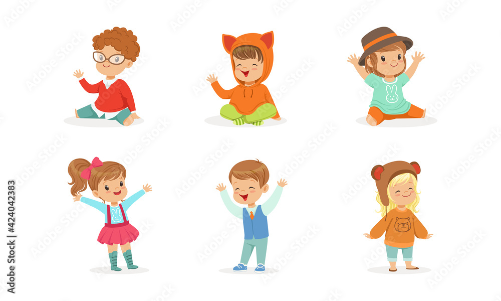 Cute Preschool Kids Set, Cheerful Boys and Girls Dressed Bright Casual Clothes Cartoon Vector Illustration