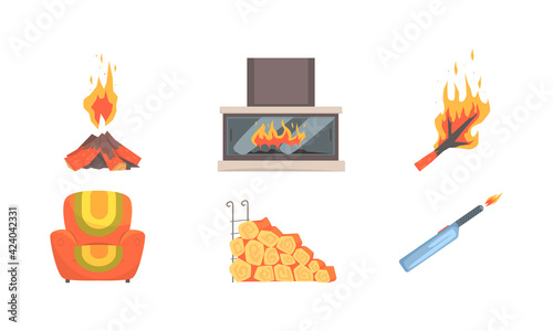 Fireplace Accessories Collection, Home Fireplace with Burning Flame, Lighter, Matches, Armchair Cartoon Vector Illustration