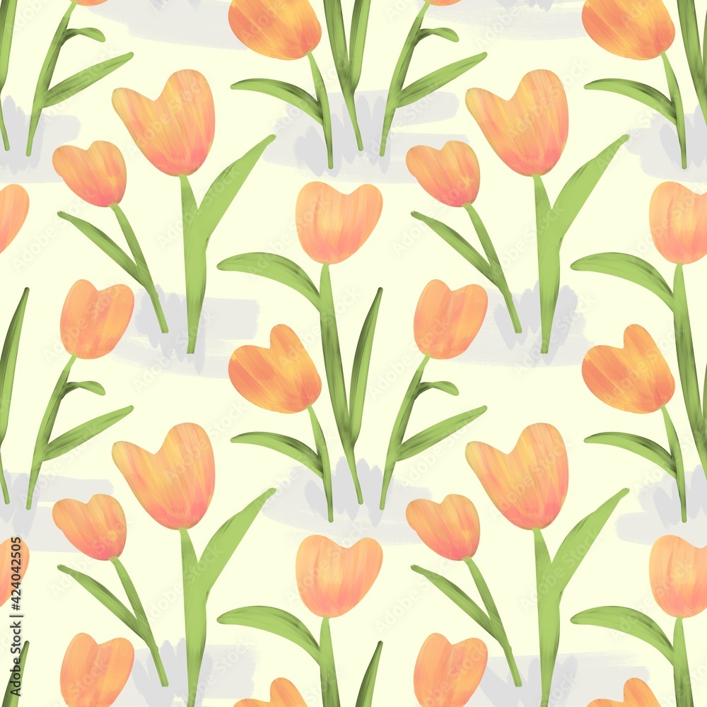 Bitmap illustration, digital imitation of paint. A pattern of tulip flowers with leaves and stems.Design for wallpaper, fabrics, textiles. Bitmap illustration, digital imitation of paint. A pattern of tulip flowers with leaves and stems.Design for wallpaper, fabrics, textiles.