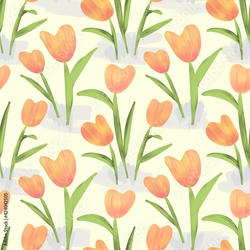Bitmap illustration, digital imitation of paint. A pattern of tulip flowers with leaves and stems.Design for wallpaper, fabrics, textiles.  © NiaChi