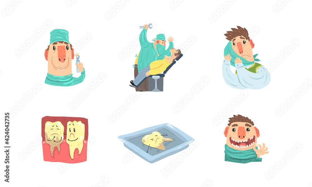 Dentist Taking Care of Teeth Set, Doctor Treating Unhealthy Teeth with Caries Cavity, Stomatology, Dentistry Cartoon Vector Illustration
