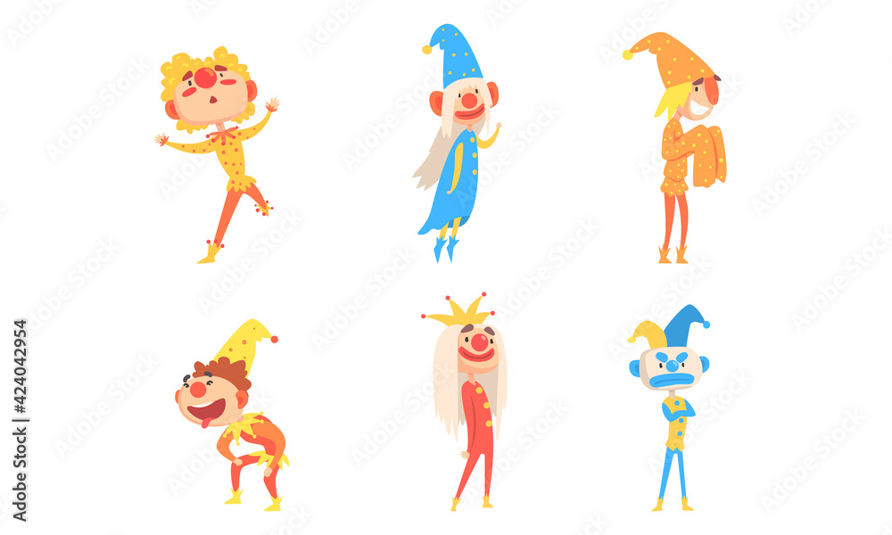 Funny Jesters Set, Comedians and Clowns Dressed Colorful Costumes Cartoon Vector Illustration