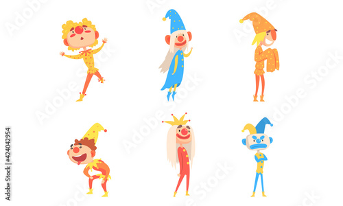 Funny Jesters Set  Comedians and Clowns Dressed Colorful Costumes Cartoon Vector Illustration