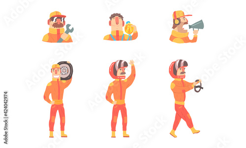Race Drivers Set, Racer Characters Wearing Orange Costume and Helmet Cartoon Vector Illustration
