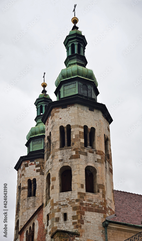 Two octagonal towers of Church of St. Andrew (1079 - 1098) at Grodzka Street in Old Town district, is historical Romanesque church, Krakow, Poland