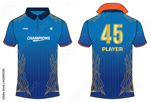 Sports jersey t shirt design concept vector template, Cricket jersey concept with front and back for Mumbai Indian Jersey