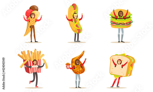 People Wearing Fast Food Costumes Set, Ice Cream, Hot Dog, Burger, French Fries, Sandwich Cartoon Vector Illustration