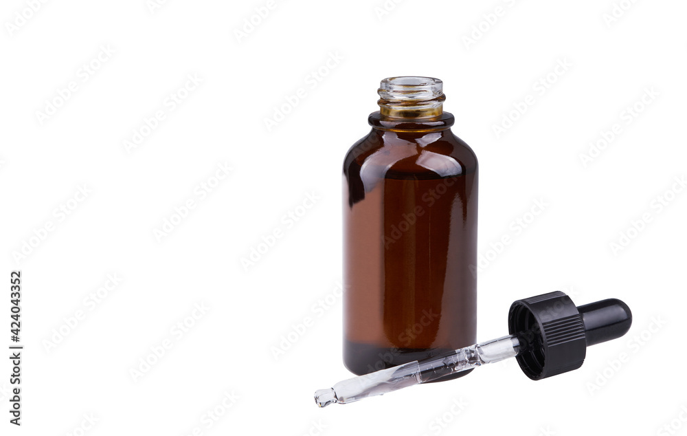 Anti aging serum with collagen and peptides in dark glass bottle with dropper isolated on a white background with clipping path. Anti-age product, luxury body care and organic science concept. Anti aging serum with collagen and peptides in dark glass bottle with dropper isolated on a white background with clipping path. Anti-age product, luxury body care and organic science concept.
