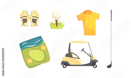 Golf Sports Equipment and Accessories Set, Golfkar, Gloves, T-shirt, Ball, Sports Activity Concept Cartoon Vector Illustration