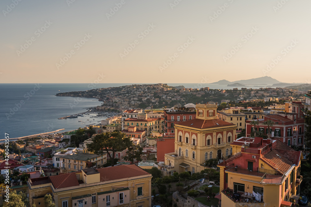 View on Old Town and gulf of Naples at sunset. Italy