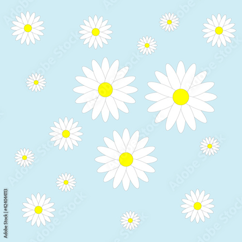Background of white daisies in cartoon style. Design for kids screensaver, floral pattern for summer covers. © Nadzeya Pakhomava