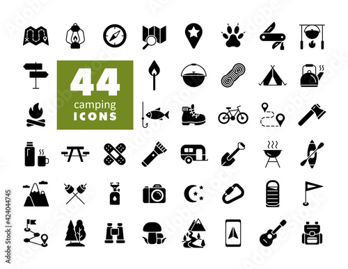Camping, Hiking and Outdoor Activities icons set