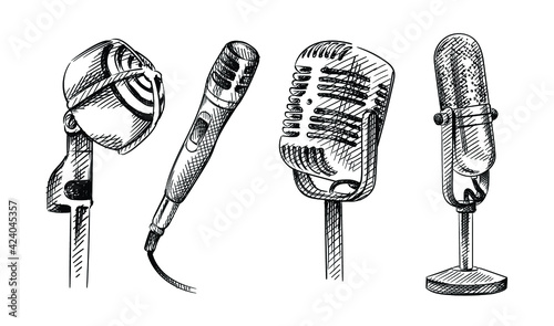 Hand drawn sketch set of Microphones. Vntage vocal Microphone with wire, Crystal Microphone, Desk Microphone