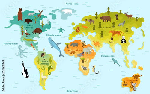 Funny cartoon animal world map for children with the continents  oceans and lot of funny animals.  illustration for preschool education in kids design. Cartoon animals for kids