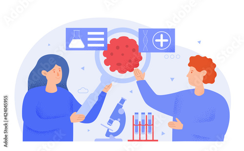 Male and female professional oncologists are working together in lab