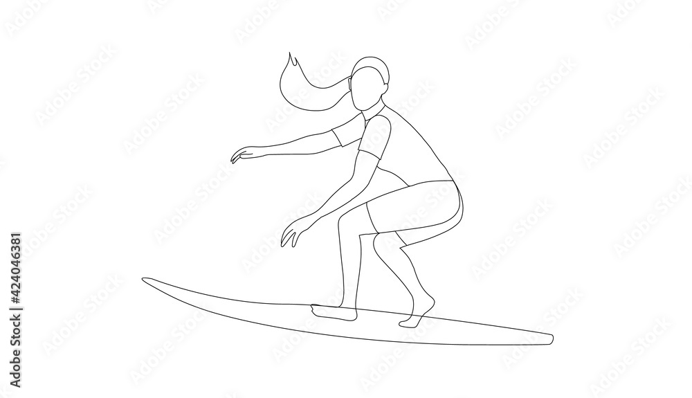 Silhouette of a woman surfing in the sea, ocean.
A man in a bathing suit and with a surfboard
Summer sports, beach activities. Drawing in one line