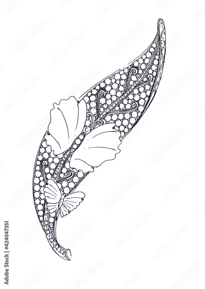 Sketches, jewelry designs, leaf shapes made of diamonds and gemstones, free-form butterfly wings beautifully as imagined by designers.