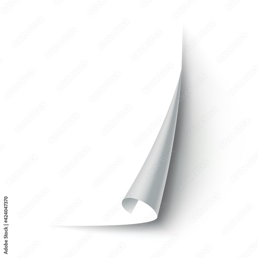 Curled paper corner. Curve page corner, page edge curl and bent paper sheet with realistic shadow. Paper corner fold isolated on white background Curled paper corner. Curve page corner, page edge curl and bent paper sheet with realistic shadow. Paper corner fold isolated on white background