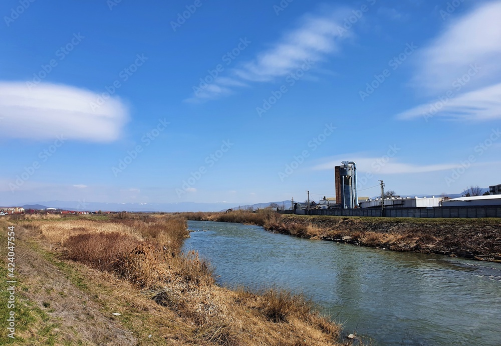 landscape with Mures river in Reghin city - Romania