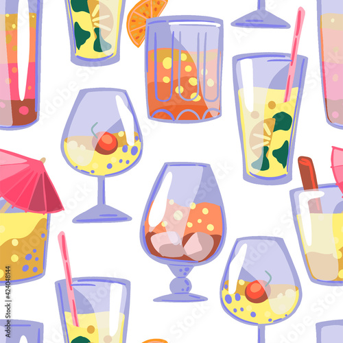 Bright cocktails, beverages in glasses. Hand drawn vector seamless pattern. Colorful ornament in cartoon style. Abstract design for summer print, wrap, decor, fabric, textile, background, wallpapers. © Olga Sayuk