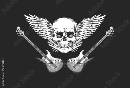 Guitar with angel wings and skull. Hand Drawn grunge sketch with a tattoo or t-shirt or woodcut. Rock and roll concept. Vintage Vector illustration for poster or banner.