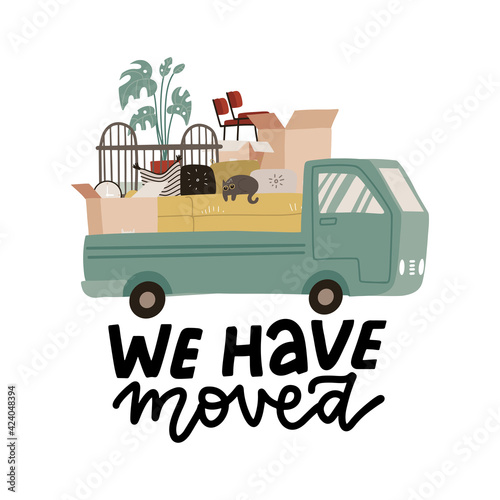 We have moved - lettring illustration concept. New location announcement home or change address for landing page template, mobile app, poster, banner, flyer, ui, web, and background. Flat vector.