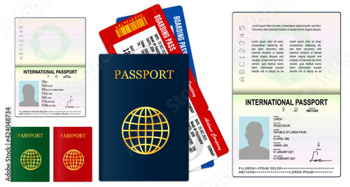 set of realistic blank passport pages or empty passport with watermark and stamps or open foreign passport pages. eps 10 vector, easy to modify