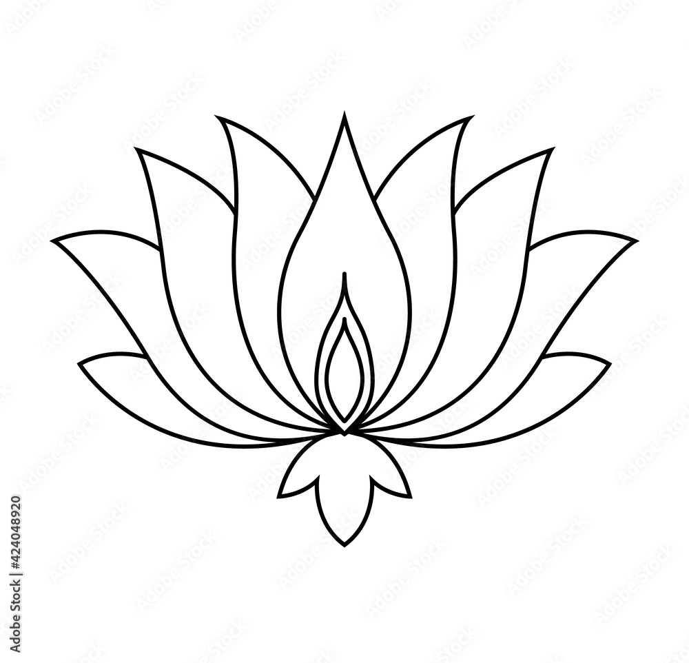 Lotus icon. Monochrome blooming flower. Black linear petals of plant on white background. Blossom, aquatic plant element for web. Coloring style Lotus icon. Monochrome blooming flower. Black linear petals of plant on white background. Blossom, aquatic plant element for web. Coloring style