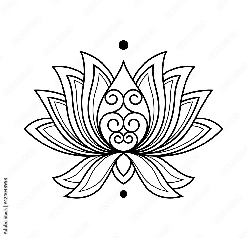 Lotus icon. Monochrome blooming flower. Hand drawn lotos flower illustration isolated on white background. Black linear petals of plant in coloring style