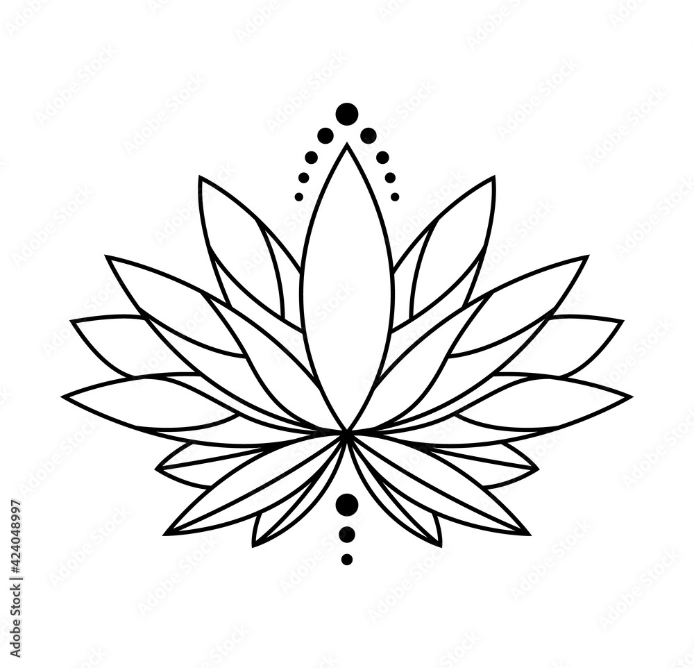 Lotus icon. Monochrome blooming flower. Black linear petals of plant on white background. Blossom, aquatic plant  element for web. Coloring style