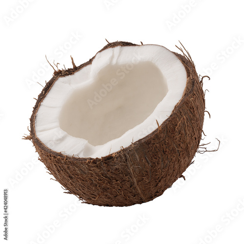 Ripe, broken in two, half of a coconut isolated on a white background.