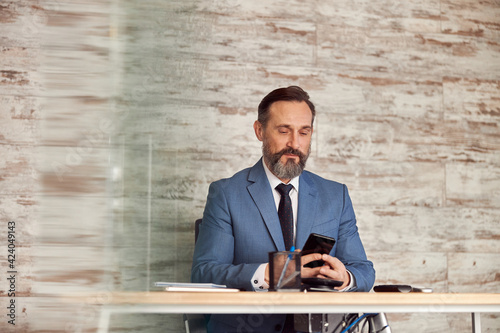 Happy adult caucasian man is working in a modern office cabinet