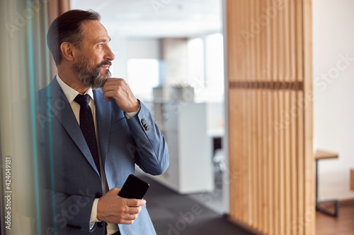 Happy adult caucasian man is working in a modern office