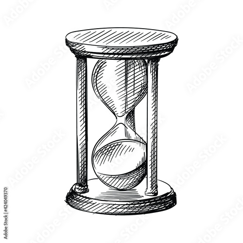Hand drawn sketch of sandglass, hourglass on a white background. Clock. Wall clock. Watches. Alarm. Time.