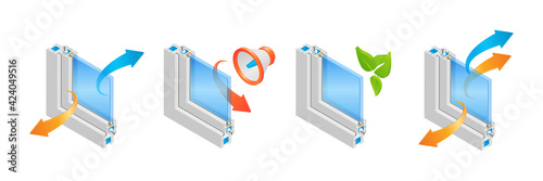 Isometric vector illustration recycling, noise reducing and thermal insulation plastic window frame profile isolated on white background. Cross-section diagram of a double glazed window pane profile.