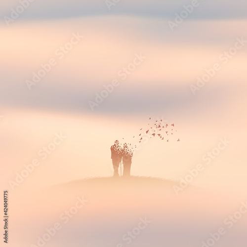 People in heaven. Human in paradise. Death and afterlife. Foggy clouds