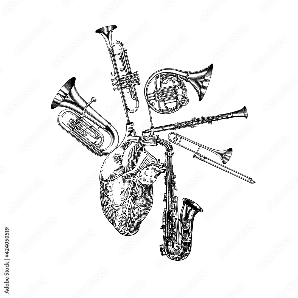 Vecteur Stock Music of the heart in vintage style. Jazz Musical Trombone  Trumpet Flute French horn Saxophone. Hand Drawn sketch for tattoo or  t-shirt or woodcut. Vintage Vector illustration for poster or