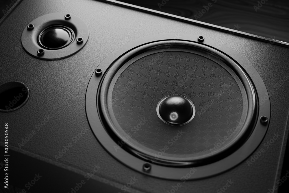 Black music column close-up. Music speaker speakers. 3d rendering. Black music column close-up. Music speaker speakers. 3d rendering.