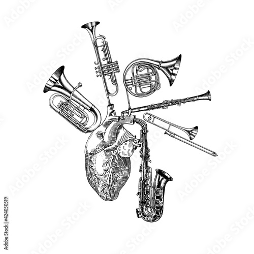 Music of the heart in vintage style. Jazz Musical Trombone Trumpet Flute French horn Saxophone. Hand Drawn sketch for tattoo or t-shirt or woodcut. Vintage Vector illustration for poster or banner.