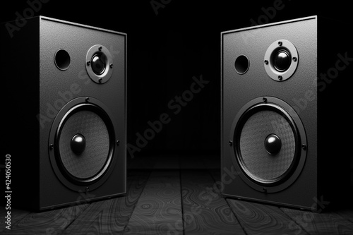 Stereo music tracks in black on a dark background. Space for your design between the columns. 3d rendering. photo