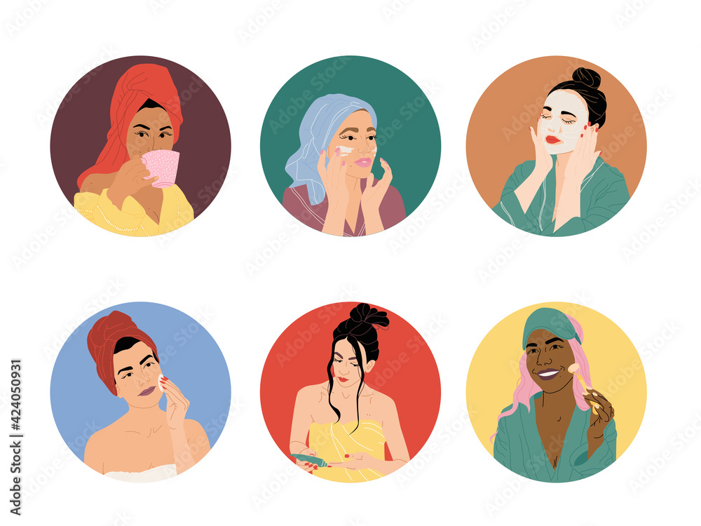 Set of vector illustrations for highlights with female characters. Facial skin care, woman's morning routine. Young girls of various nationalities do their morning routines. Round stickers with girls. Set of vector illustrations for highlights with female characters. Facial skin care, woman's morning routine. Young girls of various nationalities do their morning routines. Round stickers with girls.