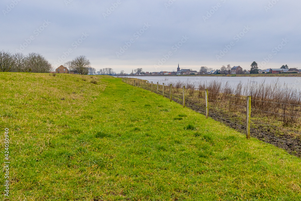 Dutch meadow with green grass and few bare trees beside the Maas river, a Belgian village on the other side of the river, cloudy day in Geulle in South Limburg, the Netherlands