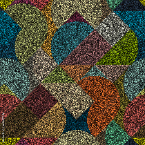 Seamless embroidery pattern in polka dot style. Grunge texture. Abstract geometric ornament. Punch needle embroidery, handmade, carpet print. Vector illustration.