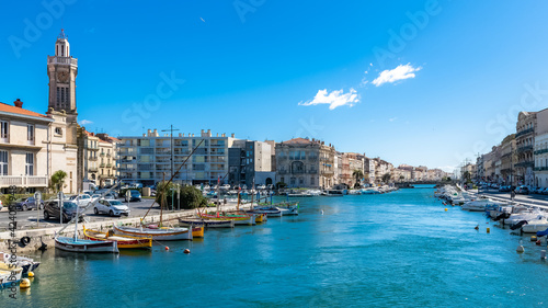 Sète in France, traditional boats moored at the quay in the city centre
 photo