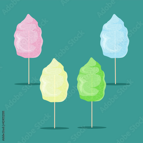 Pink, blue, green and yellow cotton candy. Food icon. Vector illustration product for attractions and festivals.	